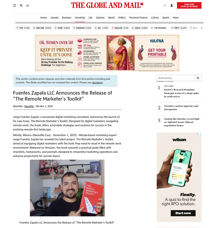 Globe and Mail press release: Fuentes Zapata LLC announces the release of The Remote Marketer's Toolkit