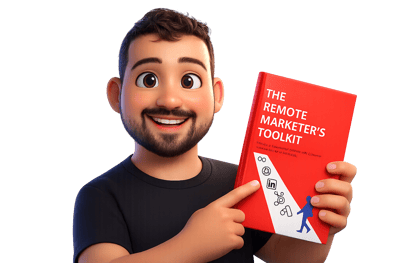 Smiling man shows marketing toolkit book